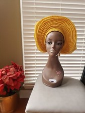 Aso-Oke African Headtie Auto Gele, Ready Made Gele Yellow 
