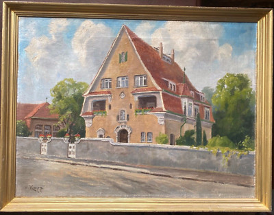 :: OIL PAINTING SIGN. W.KOPP TOWNHOUSE TOWN VILLA WITH GERANIUMS STREET VIEW