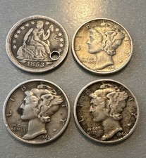 U.S. Mercury Dimes (Dated 1853/ 1941/1943AND 1944/) 4 Silver Coins In Total Circ