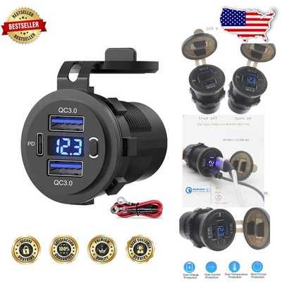 Dual USB Quick Charge Socket 12V with Voltmeter, Power Switch for Car Use