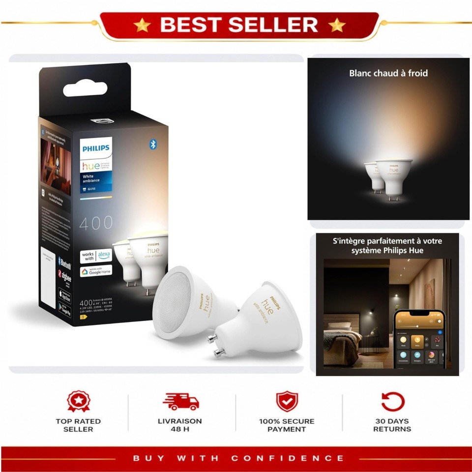 Philips Hue Spots LED GU10 connectés, ampoules intelligentes Bluetooth