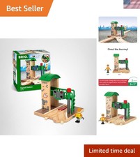 Interactive 2-Piece Wooden Train Station Set - Red Light  Figurine - Ages 3 