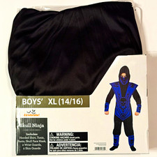 Way To Celebrate Skull Ninja Costume Boys XL 14/16 Hooded Black Blue