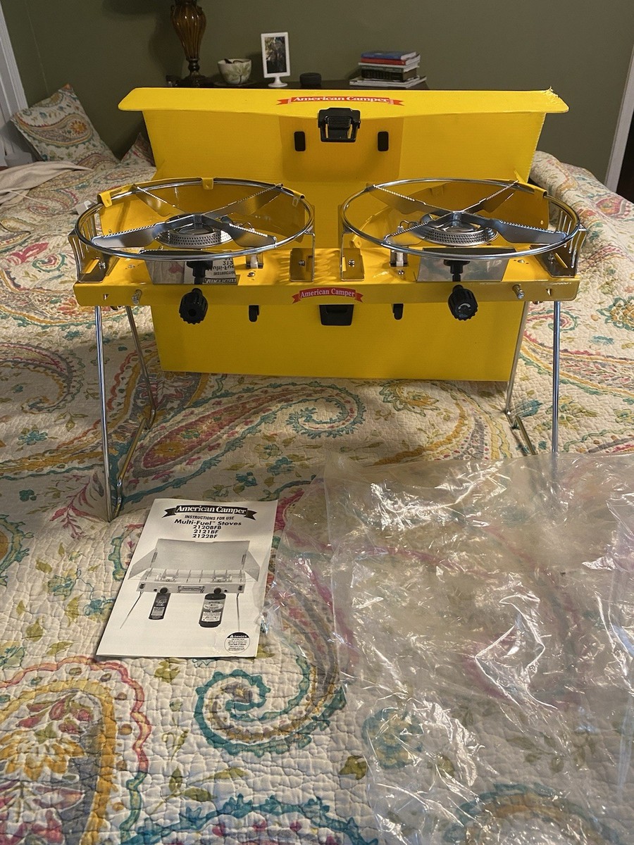 Vintage American Camper 2 Burner Propane Camp Stove w/ Yellow Case