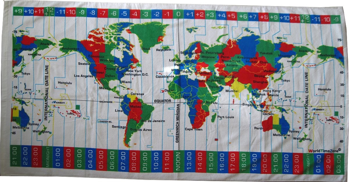 White Velour Beach Towel 30x60 Inches with World Time Zones