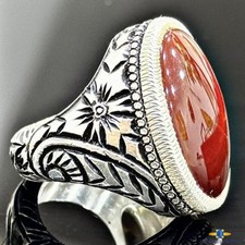 Handmade Red Blood Yemeni Agate Aqeeq 925 Sterling Silver Artisan Men Ring US 11