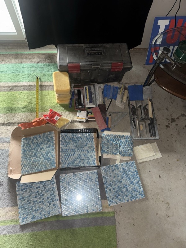Tile Installation Tool Lot +  Starter Kit+ Mosaic Tile + Rubbermaid Toolbox