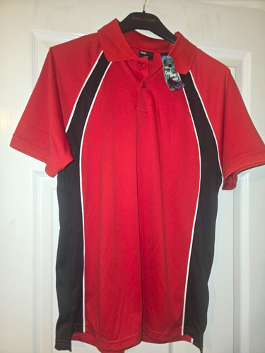 River Island Men's Colourblock Polo Shirt Red/Black/White Size M Regular Button