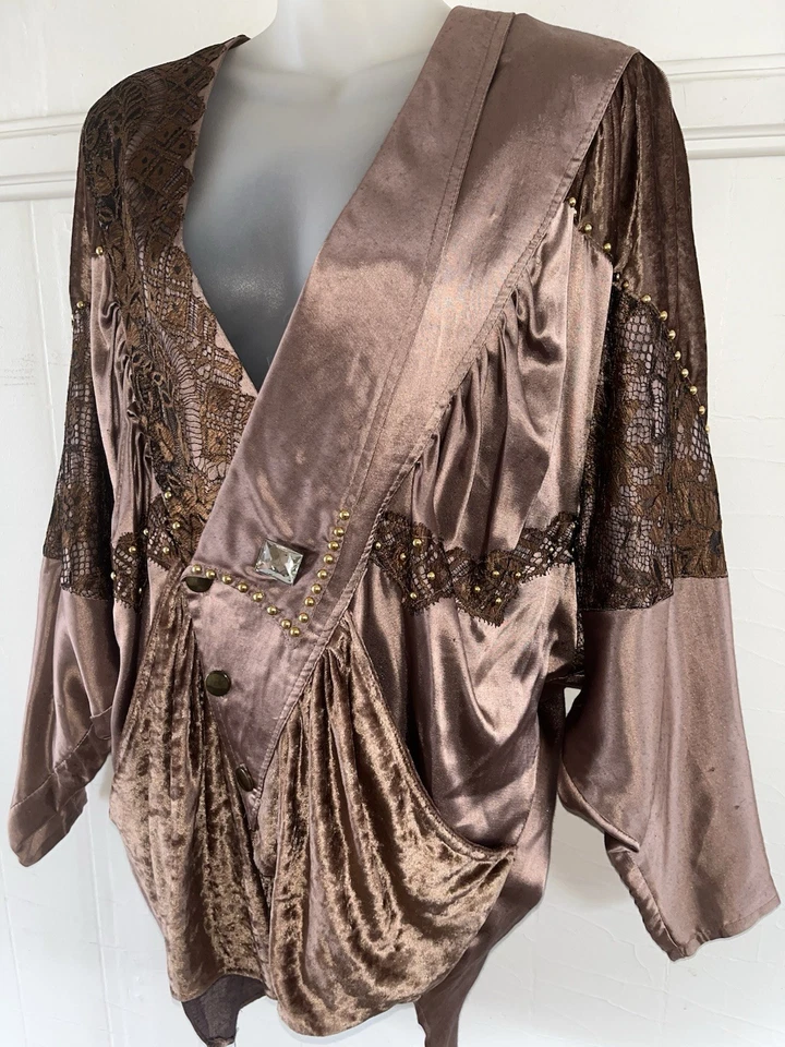 MON-LIZ Paris 80s 90s Lagenlook Brown Velvet Lace Satin Blazer France Vintage-L - Image 4 of 4