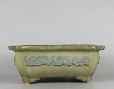 Japanische Bonsaischale SETO Ware grün glasiert Muster äußerer Rand Rctgl W10...