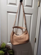 Coach Beige Crescent Shoulder Bag Gold Hardware Logo Accent Detachable Strap