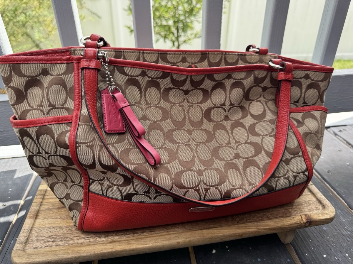 KR　Carrie_ パック Coach Park Signature Carrie Tote F23297 Brown Beige Red Canvas