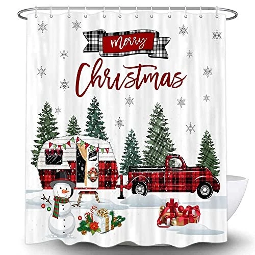 Занавеска для душа Christmas Camper RV, черная и красная клетчатая Buffalo Check - Изображение 3 из 4