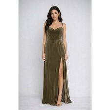 NEW Jenny Yoo women's 10 Quinn Velvet Velour Long Maxi Dress Slit Sage Green