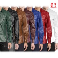 Men's Genuine Lambskin Leather Shirt Long Sleeve Button-Up