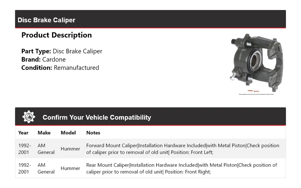 Pinza de freno de disco Cardone para 1992-2001 AM General Hummer 1993 1994 1995 1996 Foto 2 de 4