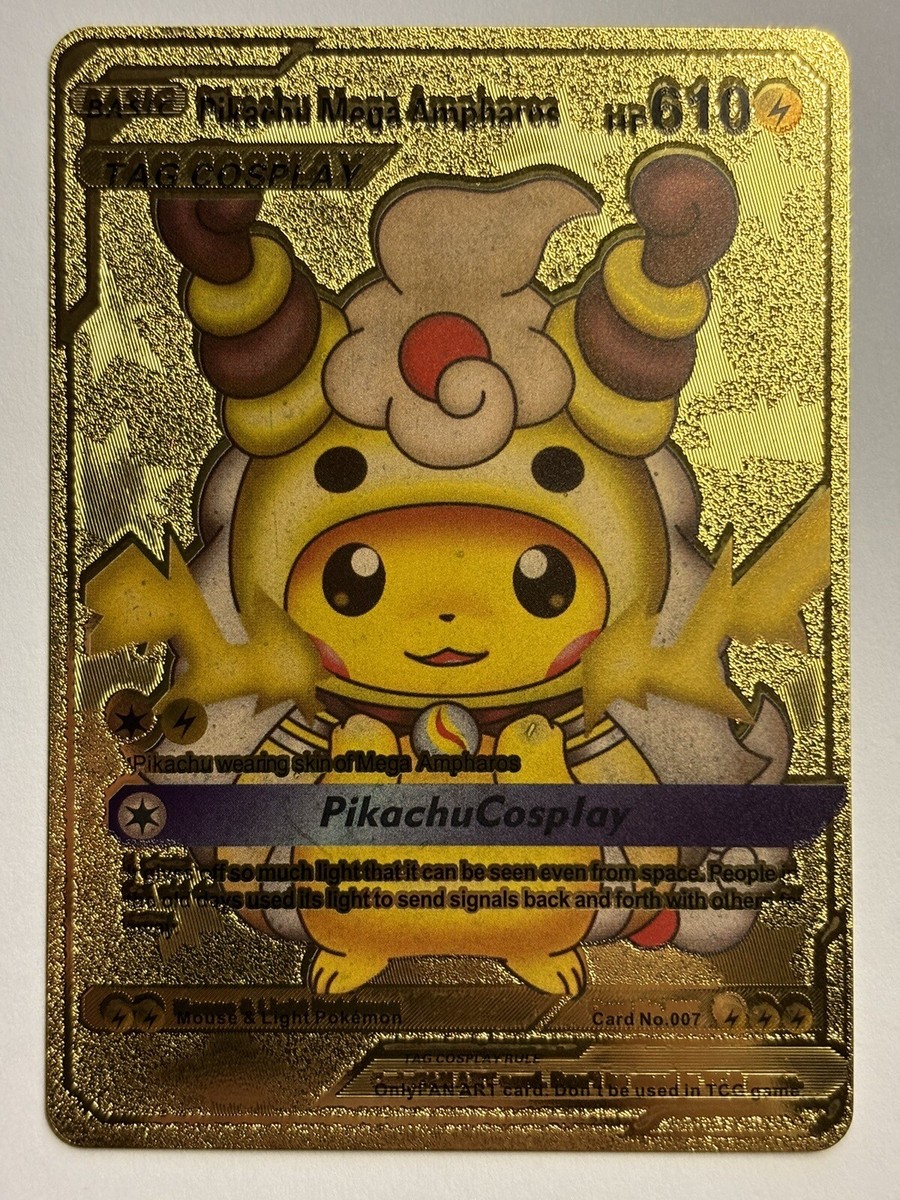 【海外版】Pikachu Mega Ampharos コスプレしたピカチュー Pokemon Pikachu Mega Ampharos Cosplay 610HP Gold Foil Fan Art Card