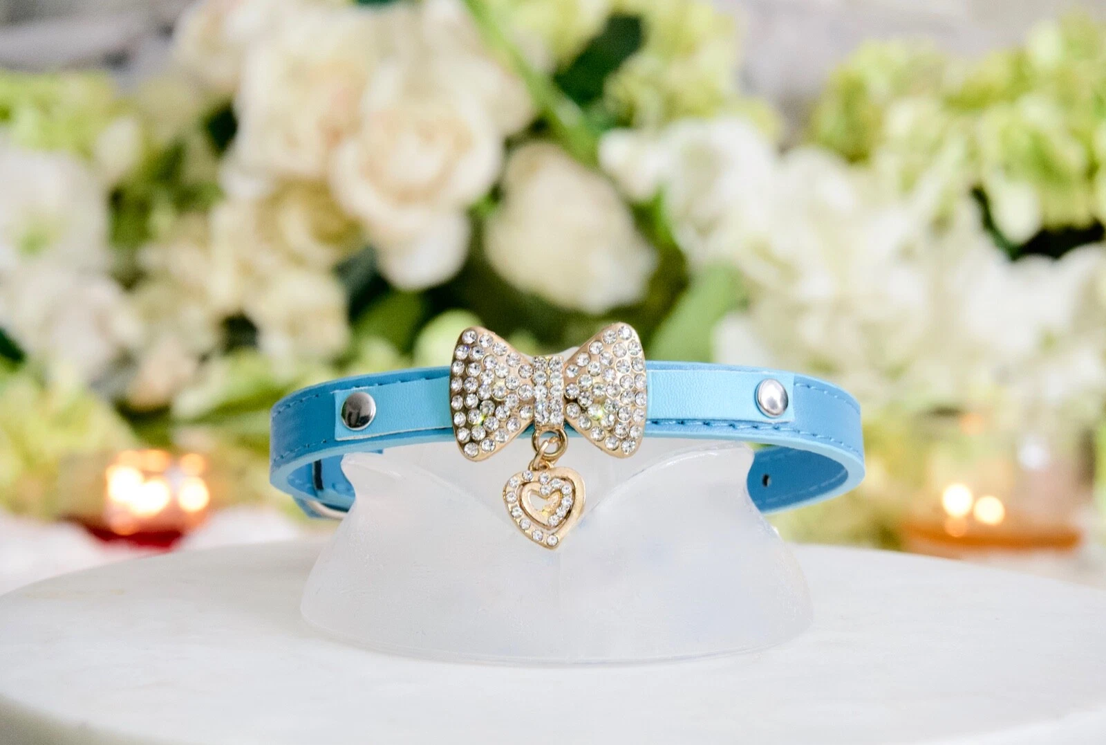 Luxury Robin Egg Blue Heart Dog Collar & Rhinestone Bow Collar Enchanted Pets