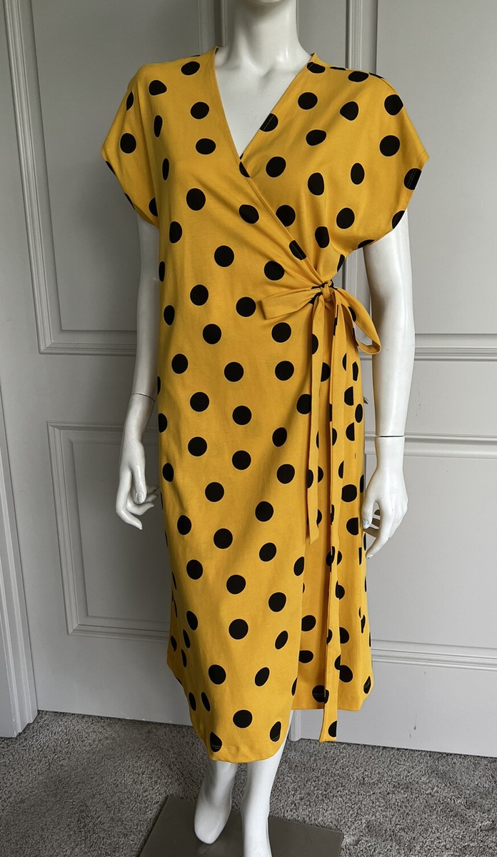 Zara Womens Yellow Midi Short Sleeve Polka Dot Wrap Dress Sz S NWT