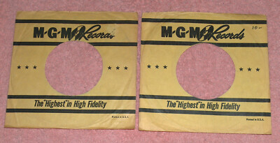 VTG (2) Lot 1950's MGM Factory Yellow BLK 7'' 45 RPM Vinyl Wax Record Sleeves VG