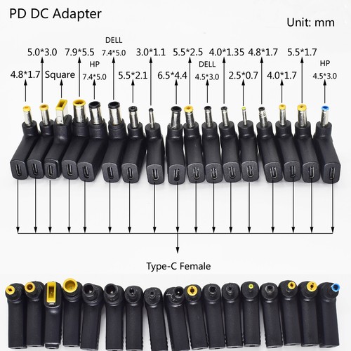 10x Adaptador Universal Notebook Laptop Enchufe DC a Tipo-C Hembra 17 Tamaños Opcionales