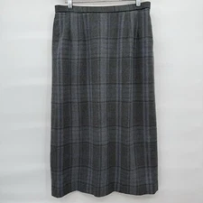 Pendleton 100% Virgin Wool Gray Blue Tartan Plaid Pencil Midi Skirt Sz 14 Petite