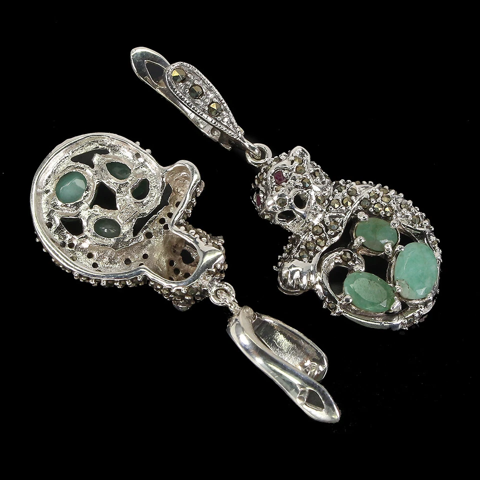 925 Sterling Silver Earrings Oval Emerald Ruby Marcasite Tiger Gemstone Jewelry - Image 3 of 4