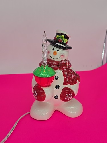 8” Ceramic Snowman Holding Lighted Glittery Candle Lamp Tested - Picture 2 of 14