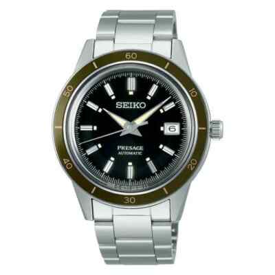 New Seiko Men's Black SRPG07 Presage 60S Style Stainless Steel Automatic Watch