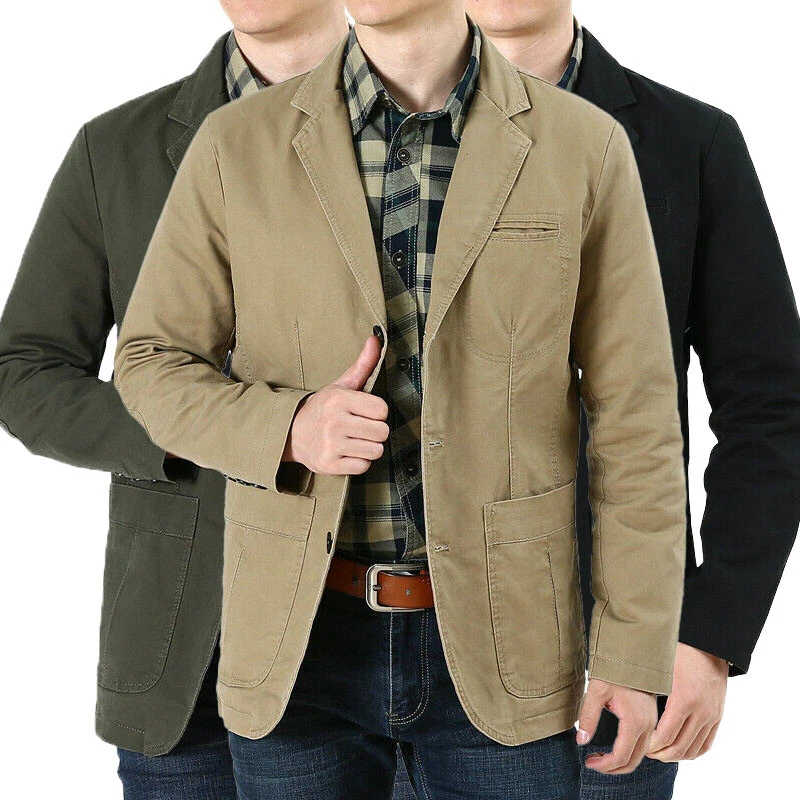 Mens Casual Blazer Long Sleeve Jacket Washed Cotton Blazer Suits