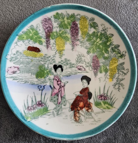 Rare Vintage Hand Painted Blue Nippon Geisha Girls Porcelain Cup and Saucer Set - Picture 6 of 6