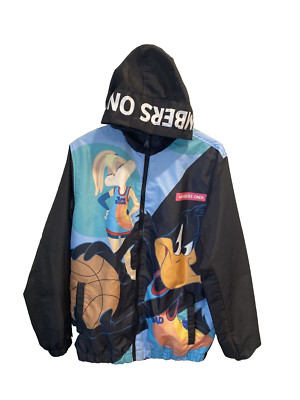 Members Only Space Jam Black Windbreaker Hooded Jacket Daffy Duck & Lola (Small)