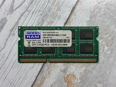 Goodram 4GB DDR3 1600 PC3L-12800 2Rx8 SODIMM Laptop RAM GR1600S3V64L11/4G Tested