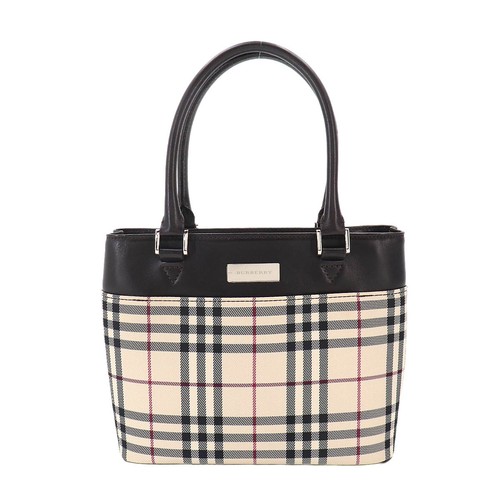 BURBERRY Plaid Hand Bag Canvas Leather Beige Dark brown Purse 90333874