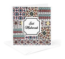 3dRose Eid Mubarak Blessed Happy Eid Wishes Red Turquoise Mosaic Greeting Card