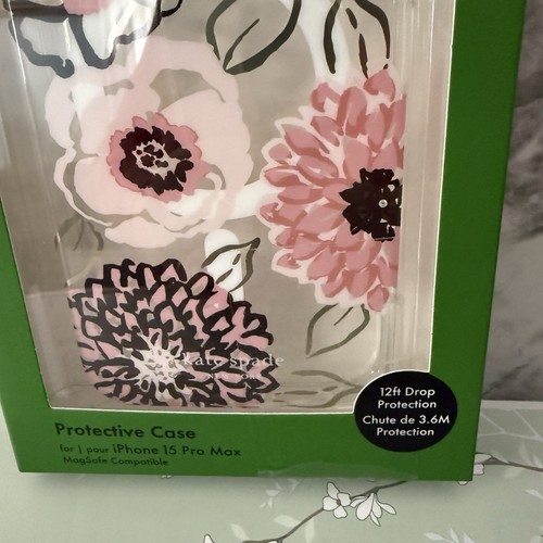 Kate Spade Protective Magsafe Case iPhone 15 Pro Max black Pink white Flower New - Zdjęcie 3 z 4