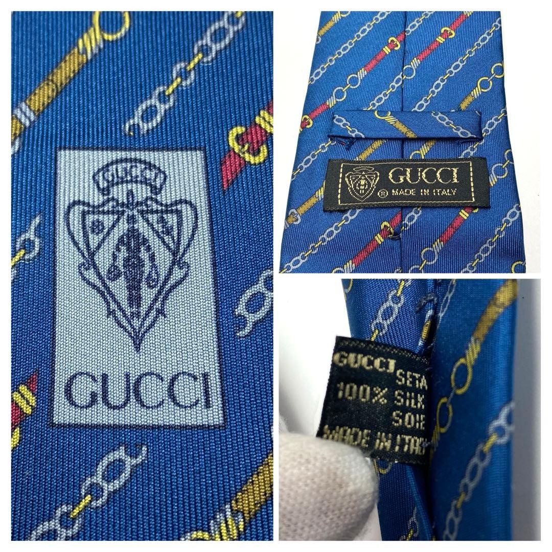 Gucci Necktie Tie 100% Silk Blue Chain Striped Pattern 3.5 inches From Japan thumbnail 10