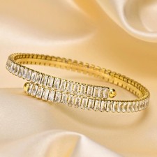Stainless Steel Bangle Bracelet For Women 18kGold Plated Rectanglar White Cubic