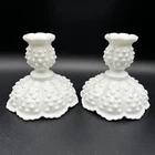Vintage Fenton Milkglass Hobnail Footed Scalloped Taper Candlestick Holders HTF