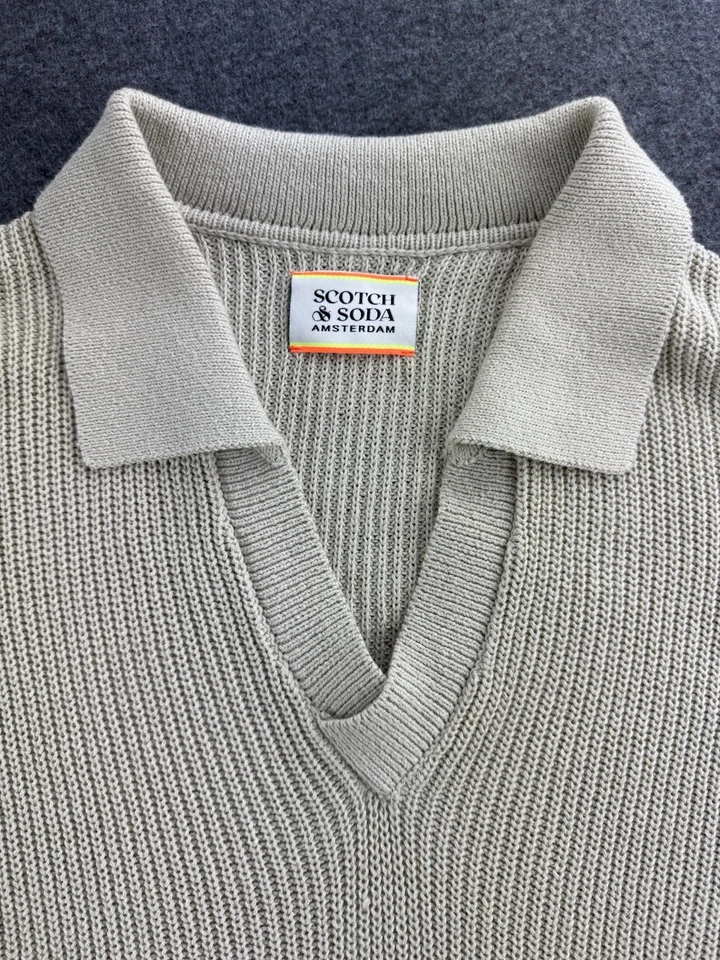Scotch & Soda Mens Cotton Knit V-Neck Collared Polo Sweater in Beige Size Large - Image 3 of 4