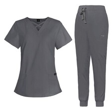 Scrubs for Women Set Modern V-Neck Top 8 Pocket Jogger Pants Nursing Uniform...