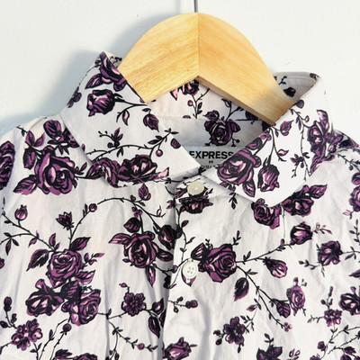 Express Mens M Button Up Shirt Extra Slim Purple Floral 15/15.5 White