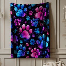 Blue Pink Paw Prints Splatter Coral Fleece Blanket Pet Lover Gift