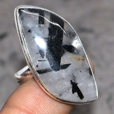 925 Silver Plated Natural Black Rutile Ethnic Ring Jewelry Size US 10 JW