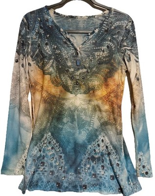 Kiara Womens Ribbed Embellished Rhinestone Print Blouse Fairycore Y2K Whimsical