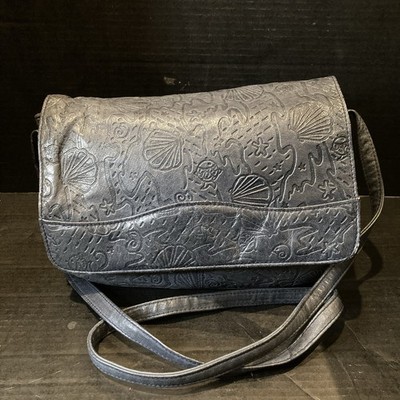Blue Leather Embossed Ocean Fish Design Crossbody, Shoulder Bag, Purse