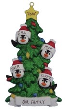 Personalized Penguin Tree Family of 4 Christmas Ornament