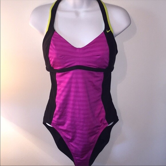 NWT NIKE WOMEN'S RACERBACK SWIMSUIT BATHING SUIT BLACK PURPLE LIME SIZE 10  $84 - Main Image