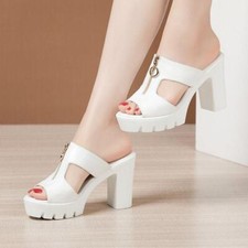 Womens Platform Block High Heel Sandals Front Zip Peep Toe Slippers Casual Mules