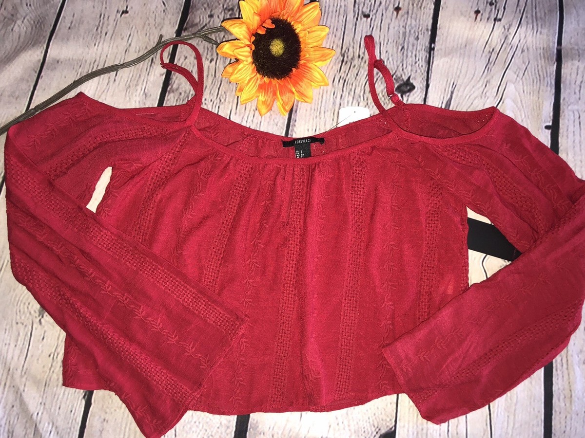 Forever 21 Woven Long Sleeved Open shoulder red Top S NWT